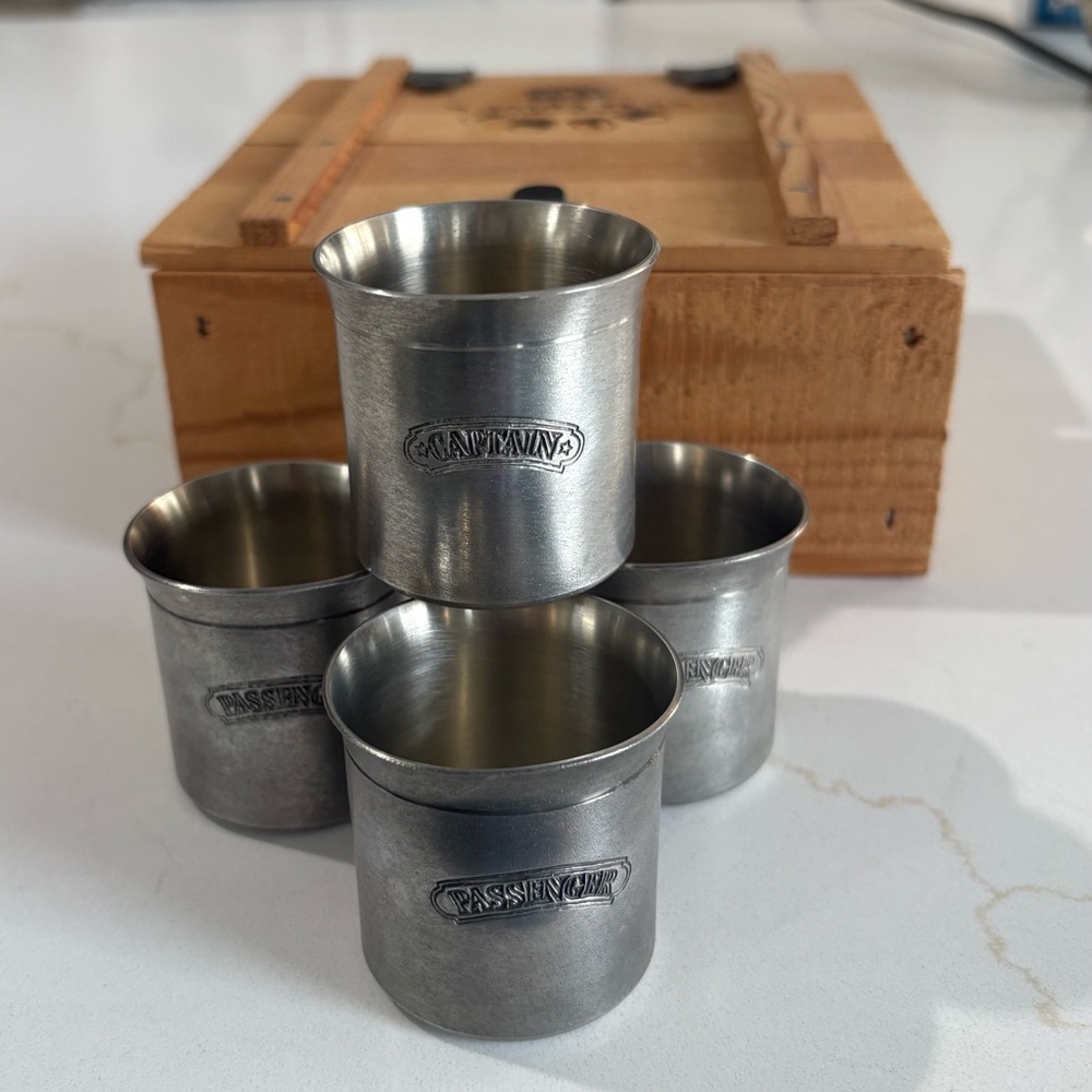 Vintage Four Pewter Shot Glasses Scandia Tenn with box 1 Captain 3 Passenger